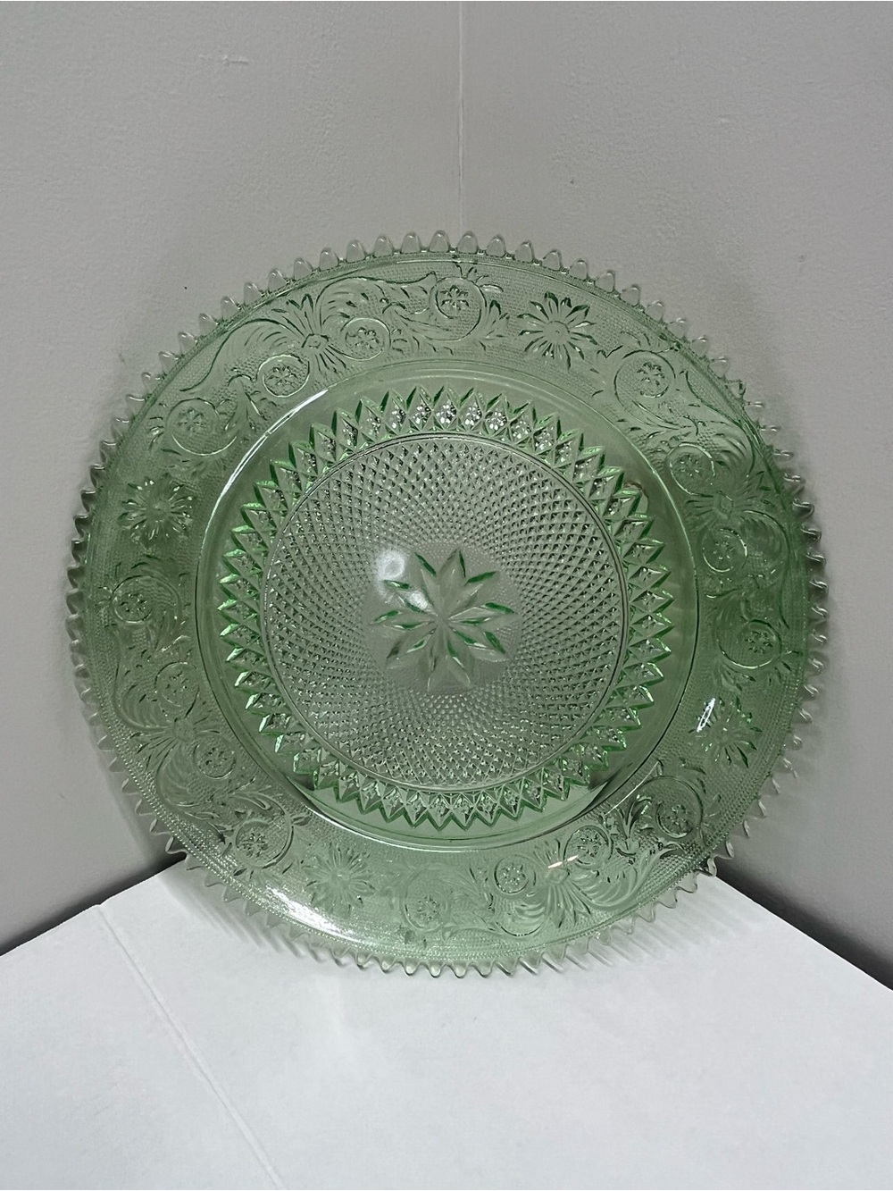 Green Pressed Glass Serving Charger - Elegant Floral Design